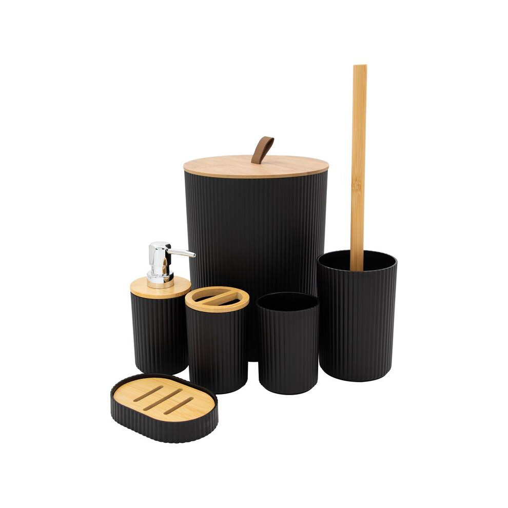 (Black) 6 Piece Bathroom Accessory Set/Modern Bathroom/Includes Toothbrush Holder, Waste Bin, Toilet Brush, Cup, Soap Dish and Soap Dispenser