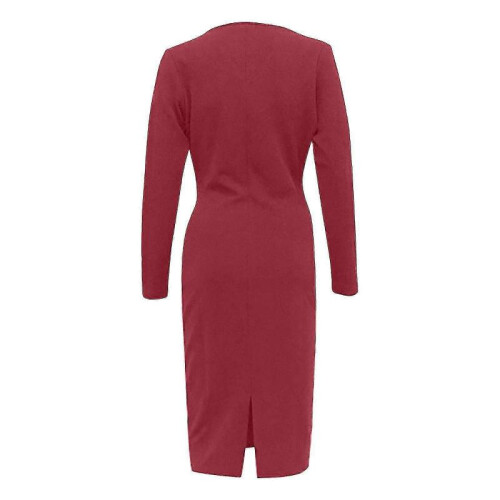(L, Red) Women's Solid Slim Long Sleeve Deep V Neck Pleated Long Bag Hip Hedging Dress