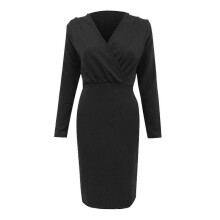 (XXL, Black) Women's Solid Slim Long Sleeve Deep V Neck Pleated Long Bag Hip Hedging Dress