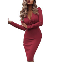 (S, Red) Women's Solid Slim Long Sleeve Deep V Neck Pleated Long Bag Hip Hedging Dress