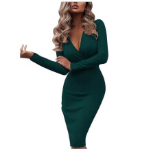 (S, Green) Women's Solid Slim Long Sleeve Deep V Neck Pleated Long Bag Hip Hedging Dress