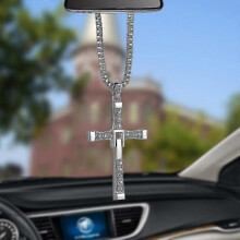 (Silver) Crystal Metal Christian Cross Automobile Car Rearview Mirror Decoration Hanging Ornament Auto Interior Decor Pendant Car Cross