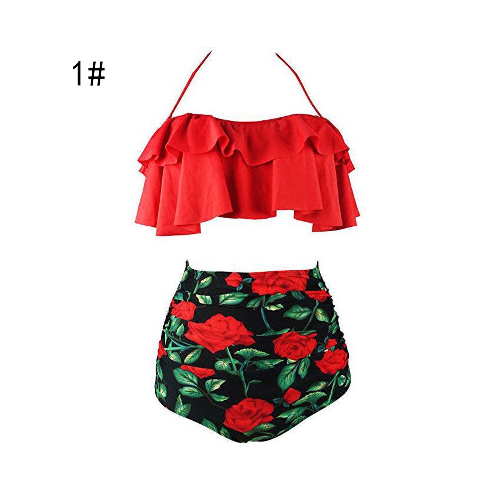 (1#, 2XL(Tag:2XL=US L)) Women High Floral Waisted Bikini Set Swimsuit Padded Swimwear Size Plus Bathing