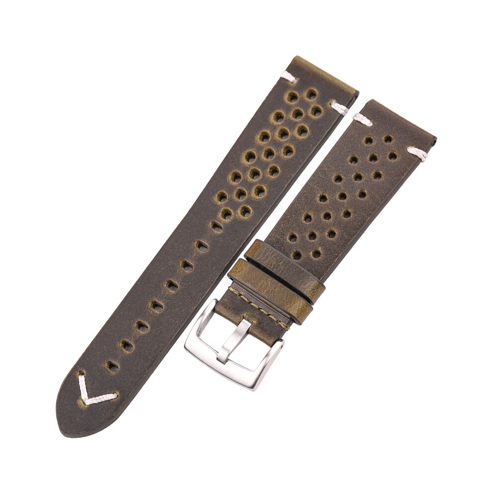 (22 mm - Fermoir vert argenté) Bracelet de montre en cuir de vache respirant fait main 18 20 22 24 mm