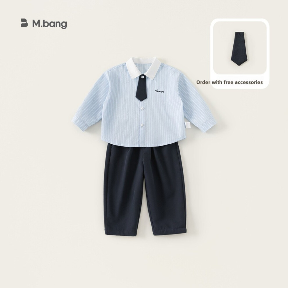 (120cm) Boys Style School Long Sleeve Stripe Shirt And Pant Set Letter Embroidery With