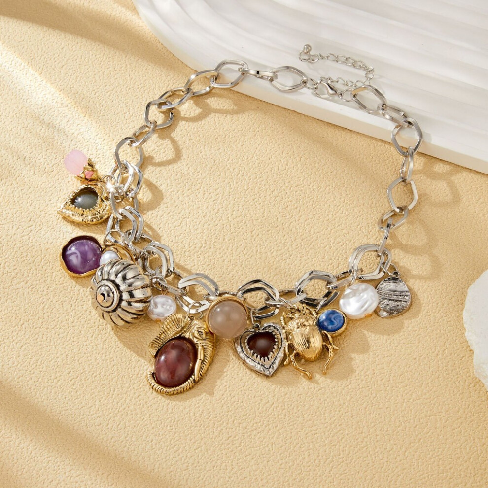 (Vintage Gem Necklace Silver) Elegant Retro Gemstone And Faux Pearl Earrings With Shapes Unique Asymmetrical