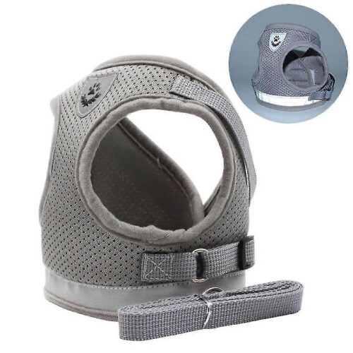 (L, Silver Grey) Cat Dog Breathable Harness Pet Vest Type Reflective Leash
