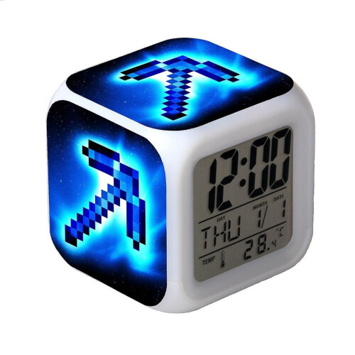 (Style S) Clock Alarm Minecraft Led Night Light Colourful Desktop Decoration Changing
