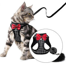 (L, Black) Pet Small Dog Cat Plaid Harness Vest + Leash Set Breathable Adjustable With Bell