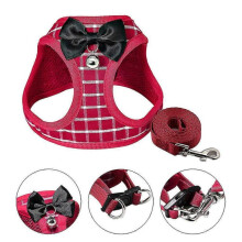 (S, Red) Pet Small Dog Cat Plaid Harness Vest + Leash Set Breathable Adjustable With Bell
