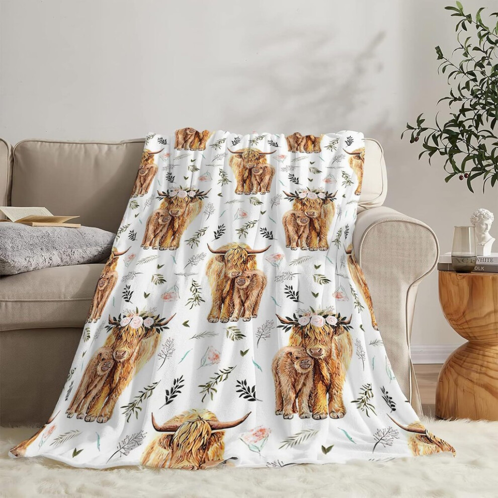 (, 70*100Cm/27.56*39.37In) Highland Print Cow Blanket Animal Flower Throw Blankets Flannel Plush Bedding Brown