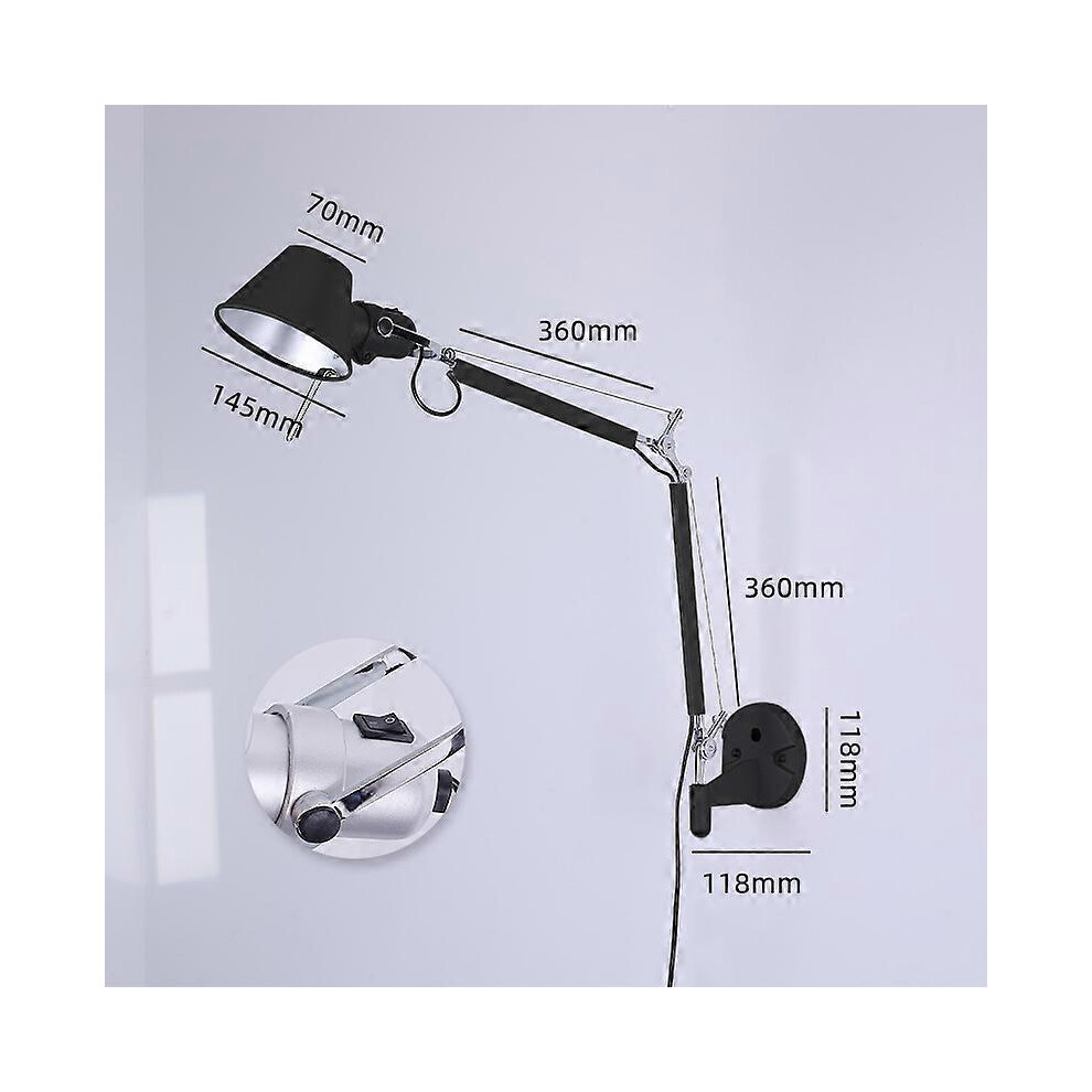 (EU plug, Black wall 25cm) Modern Swing Long Arm Wall Light LED Table Lamp with Clip Black Silver Dormitry Study Clamp Desk Light for Bedroom Office