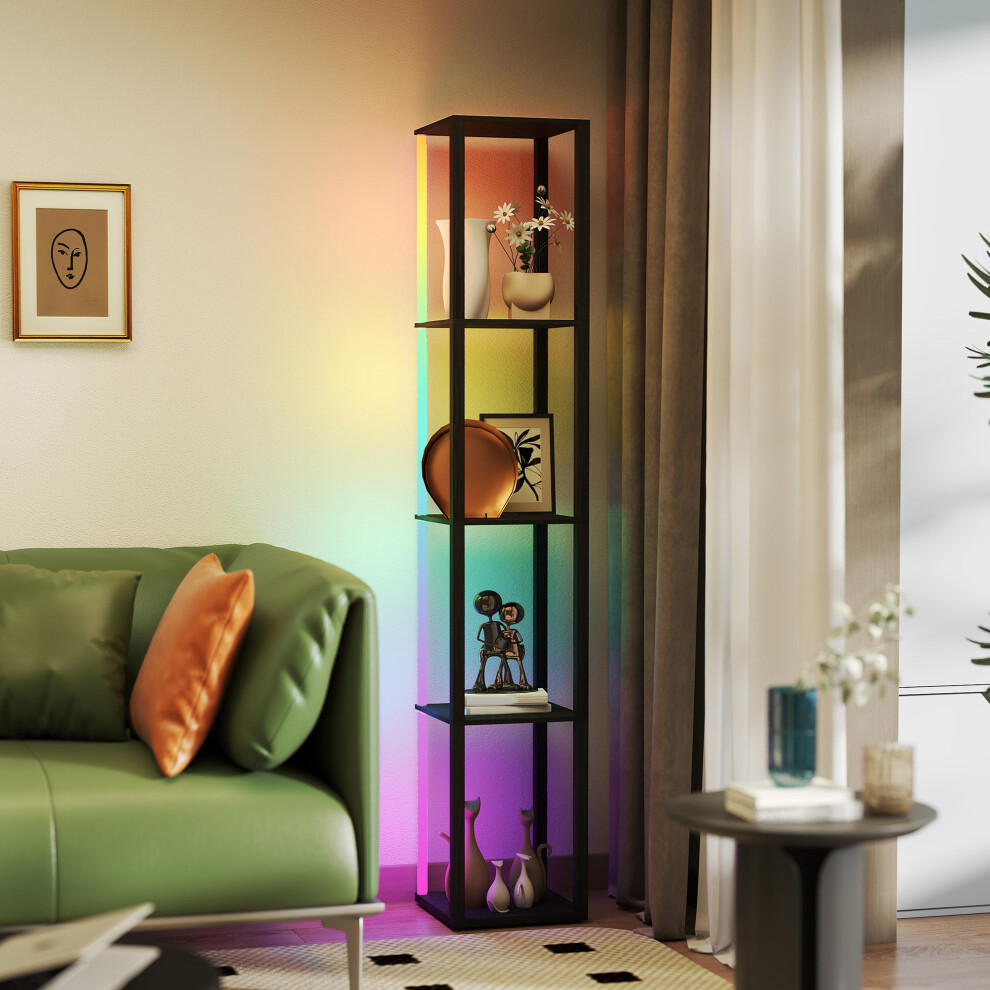 (Black) HOMCOM RGB LED Floor Lamp with Shelves and Remote Control for Bedroom