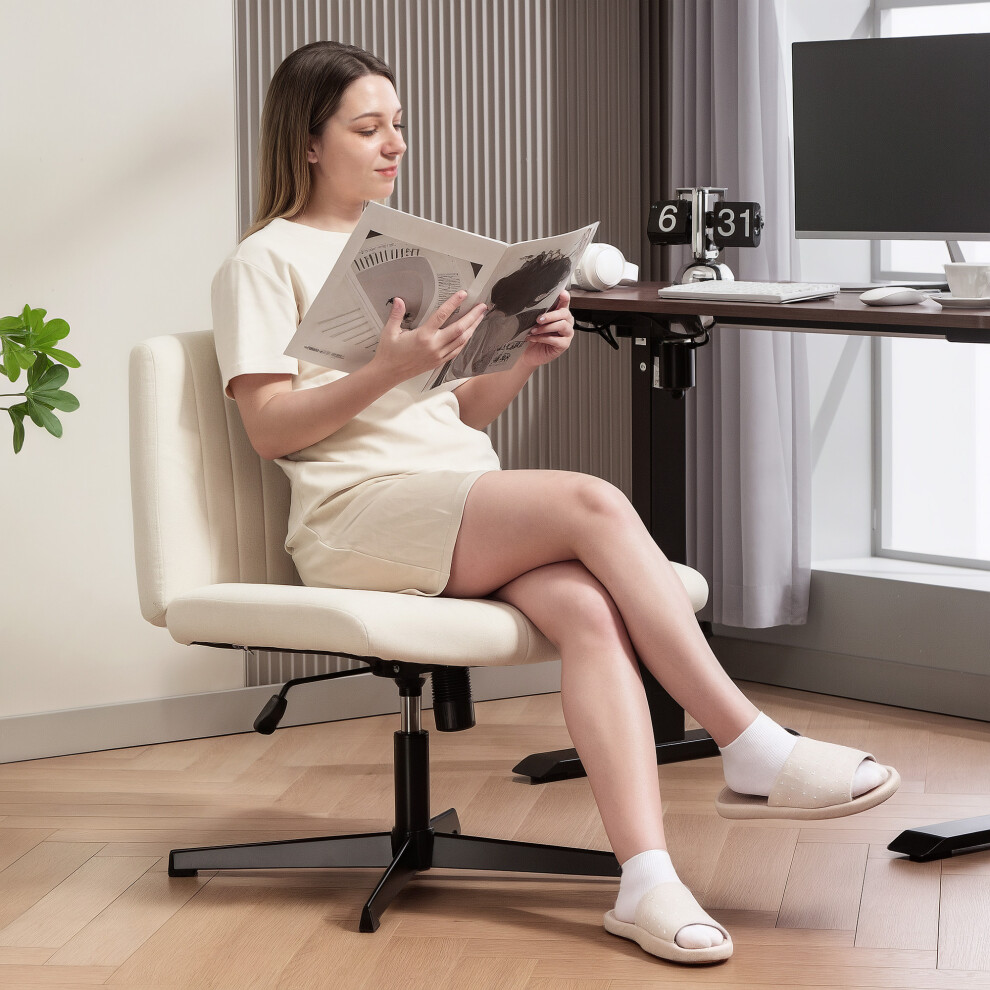 (Cream) HOMCOM Linen Criss Cross Legged Office Chair with Tilt Function