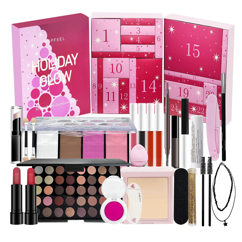 (L) Christmas Countdown Makeup Set Lipstick Eye Shadow Cosmetics 24pcs Holiday Beauty Advent Calendar Gift Box for Women Girls