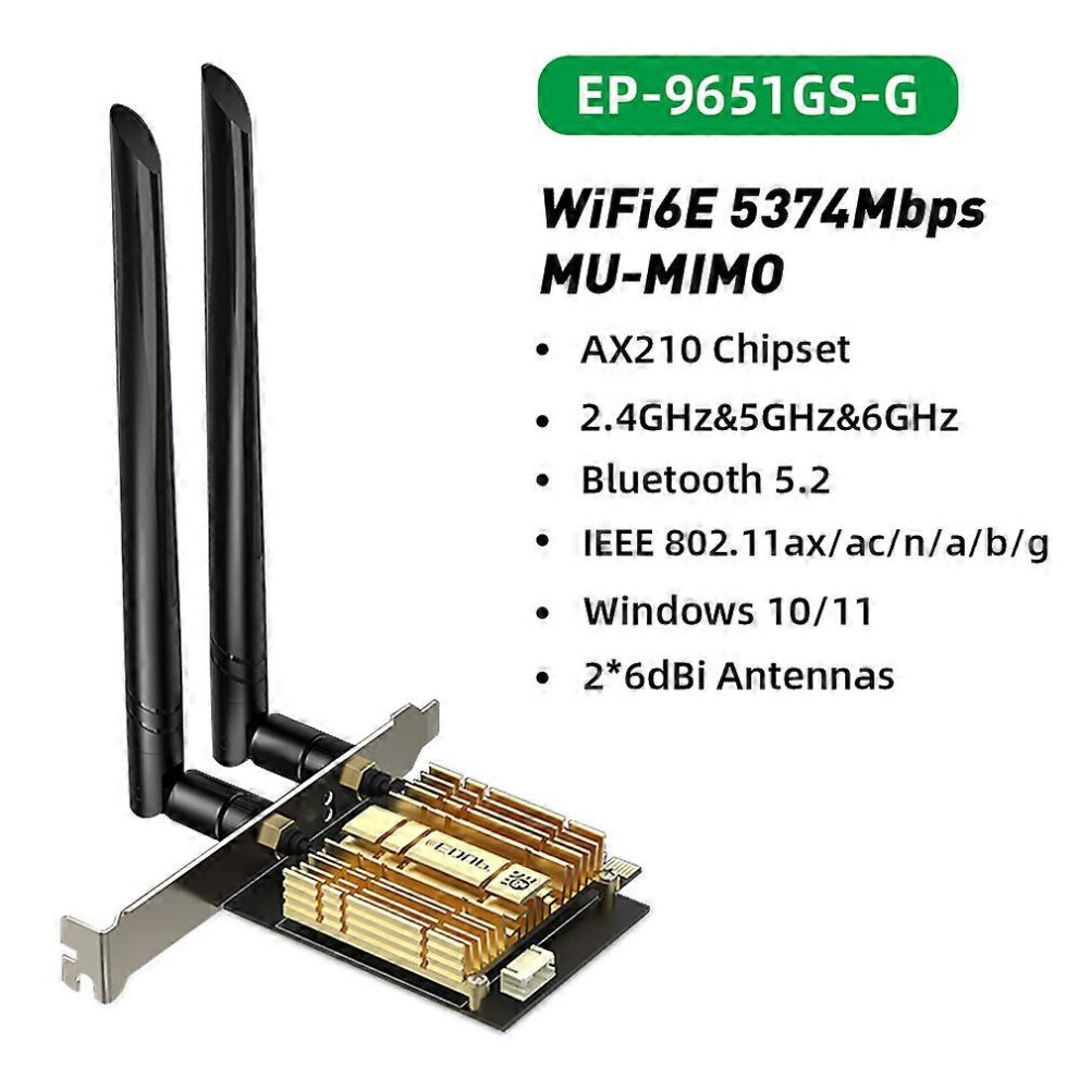 (EP-9651GS-G Pro, One size) WiFi 6E Intel AX210 PCIE WiFi Adapter Bluetooth 5.3 MU-MIMO 2.4G/5Ghz/6G AX210NGW PCI Express with Magnetic Antenna Base