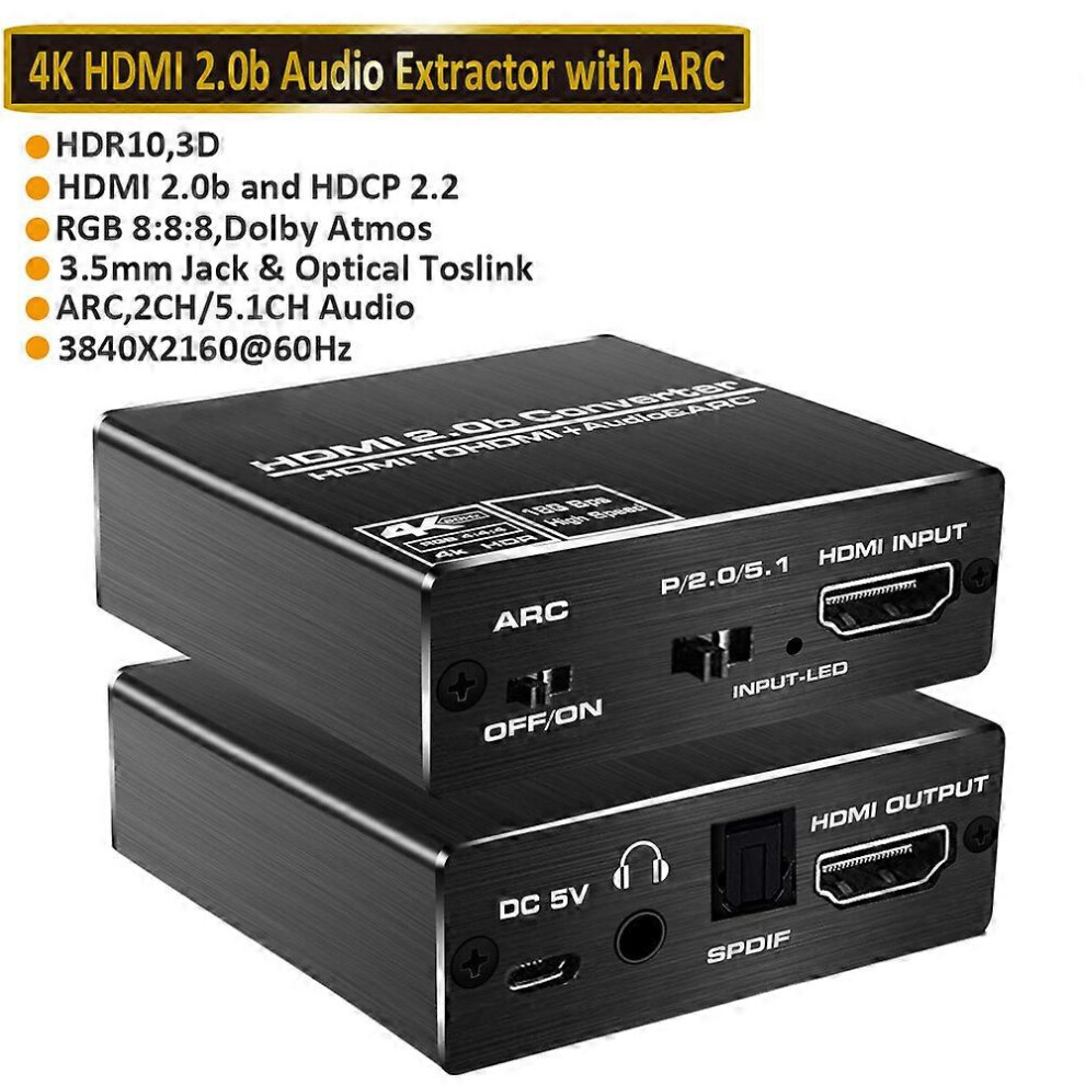 (UK Power Plug, ZY-HA201) HDMI 2.0 Audio Extractor HDMI to RCA 4K 60Hz YUV4:4:4 HDR HDMI Audio Converter Adapter 4K HDMI to Optical TOSLINK SPDIF