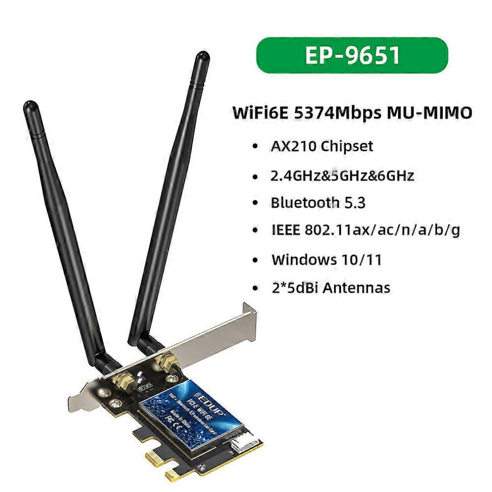 (EP-9651GS Pro, One size) WiFi6E Intel AX210 PCIE WiFi Adapter 5374Mbps Bluetooth5.3 WiFi Network Card 2.4G/5G/6GHz PCI Express 802.11AX with MU-MIMO