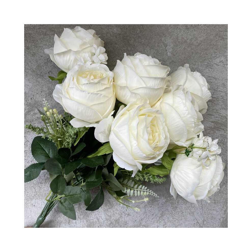 (Pure White)Fausse Rose Bouquet Plante Verte pour Décoration Salle de Mariage avec Accessoires Réalistes Fleur