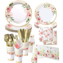 (As show, One size) Floral Paper Plates and Napkins Party Supplies - Serves 16 - Flower Plates Floral Party Cups Knifes Forks Floral Baby Shower Decorations for Girl Pink