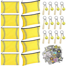 (As show, One size) 74 Pcs Softball Gifts for Girls 12 Sport Makeup Bags 12 Softball Keychain 50 Softball Stickers Softball Cosmetic Pouch Travel Zipper Case Mini Wooden