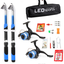 (As show, One size) Fishing Rod Reel Combo Full Kit with 2PCS 2.1m Telescopic Fishing Rods 2PCS Spinning Reels Fishing Lures Hooks Accessories Fishing Bag