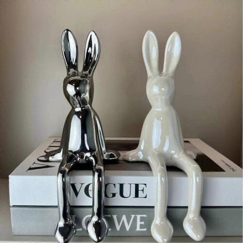 (Silver) Sitting Bunny Figurine Statue,Ceramic Rabbit Showpiece,Crafts Collectible 2
