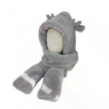 (Grey-1PC) Winter 3-in-1 Cute Bear Ear Hat Scarf Gloves Set Women Caps Warm Casual Plush Neck Hats Casual Fleece Beanies