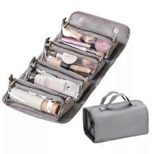 (Gray) Leather 4 in 1 Roll Up Large Capacity Compact Waterproof Foldable Cosmetic Bag