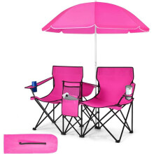 (Pink) Gymax Double Camping Chair, Portable Folding Loveseat Chair with Umbrella and Carry Bag, Outdoor Leisure Lover Chairs for Finishing