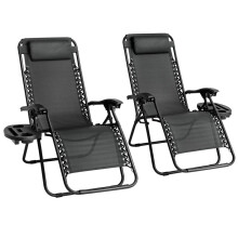 (Black) Zero Gravity Chair Set of 2 Heavy Duty Textoline | Outdoor & Garden Sunloungers | Reclining & Folding Chair with Cup and Headrest Pillow chairs