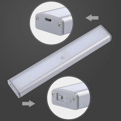 3x LED Motion Sensor Under Cabinet Closet Light USB Rechargeable Kitchen Lamp Strip 2