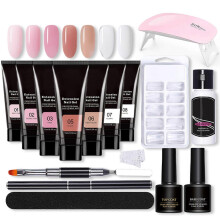 (As show, One size) Nail Extension Gel Kit with Mini Nail Lamp UV Extension Gels Brush False Nail Tips Nail Extension Tips Clip Base Coat Top Coat for Nail Art Starter Ki