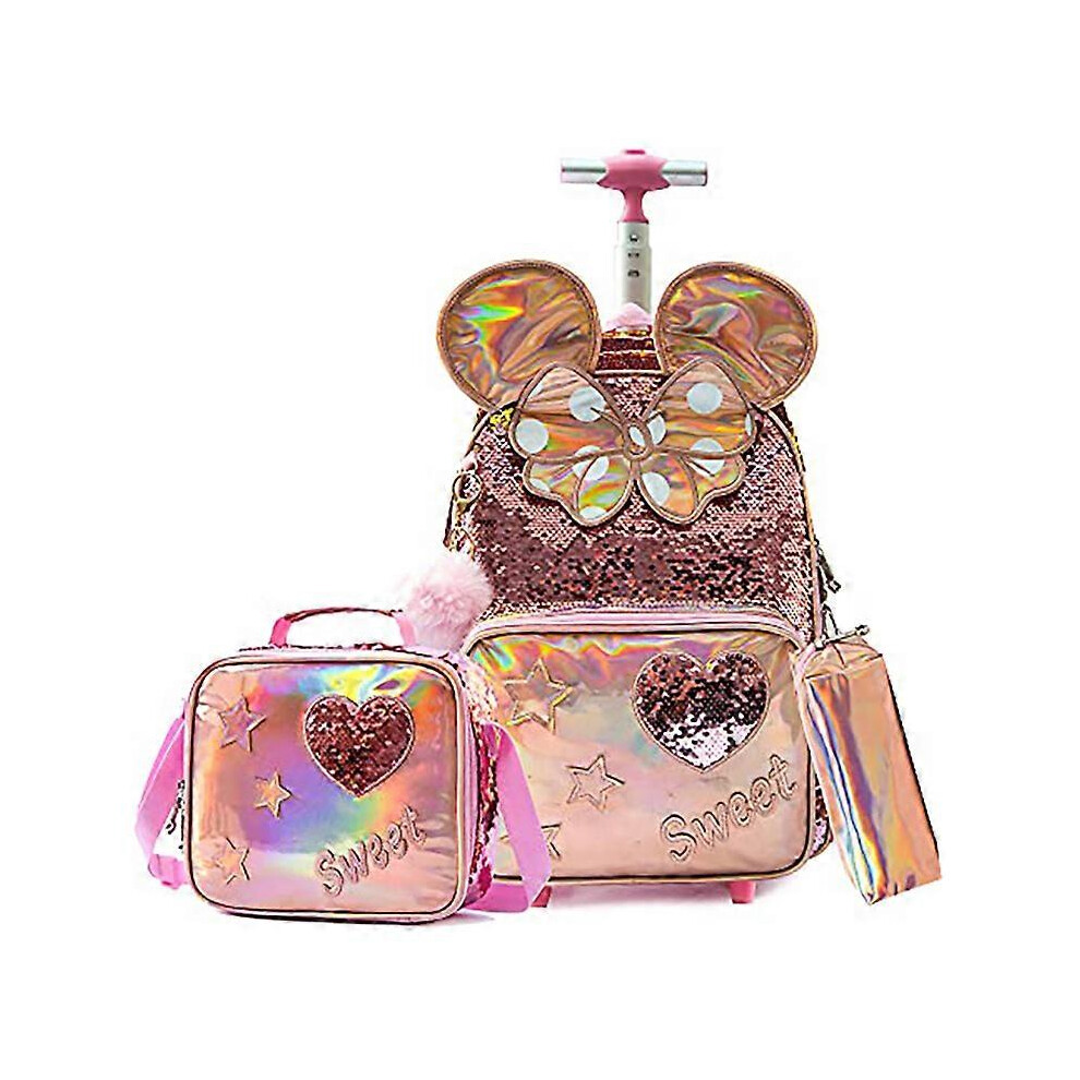 (Color 1, One size) Girls Rolling Backpack Wheels Backpacks for Kids Luggage Wheeled Sequin Sparkly Trolley Trip Suitcase for Elementary Students