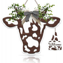 3D Cow Head Wreath Wooden Sign, Outdoor Cow Welcome Door Hanger Sign, Animal with Bow and Artificial Leaves Hanger for Front Door Porch Farmhouse Dcor