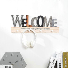 (1PCS)Farmhouse Wall Mount with 4 Metal Hooks, Hanging Rustic Distressed Welcome Sign for Front Door, Decorative Wooden Coat Rack for Home Decor