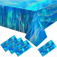 Iridescent Rectangle Tablecloths, 4Pcs Disposable Blue Laser Shiny Iridescence Plastic Table Covers for Birthday Disco Party Decoration