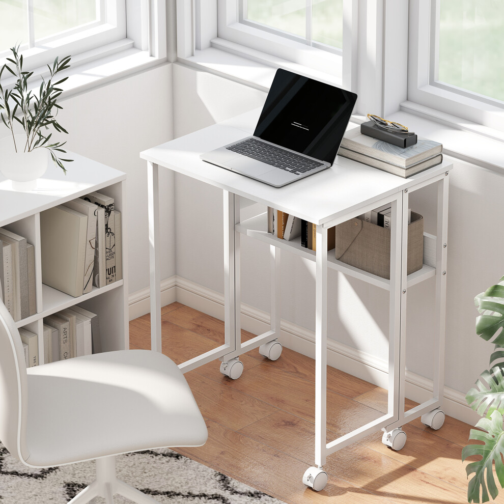 (White) HOMCOM 63 cm Foldable Computer Desk on Wheels for Small Spaces
