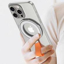 (Silver-Orange) Magnetic Phone Grip Holder Kickstand with Silicone Loop, MagSafe Cell Phone Ring Holder Compatible with iPhone 15, 14, 13, 12 Series