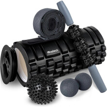 (As show, One size) 5 in 1 foam roller set comprising hollow massage roller with end caps, muscle roller bar, stretching strap