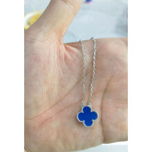(White gold [blue chalcedony] necklace) Fashionable 18k four-leaf clover necklace, women's clover double-sided mother-of-pearl pendant, non-fading, high-end collarbone chain
