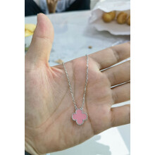 (White gold [Ice Crystal Powder] necklace) Fashionable 18k four-leaf clover necklace, women's clover double-sided mother-of-pearl pendant, non-fading, high-end collarbone chain