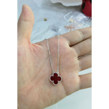 (White gold [red agate] necklace) Fashionable 18k four-leaf clover necklace, women's clover double-sided mother-of-pearl pendant, non-fading, high-end collarbone chain
