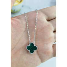 (White gold malachite necklace) Fashionable 18k four-leaf clover necklace, women's clover double-sided mother-of-pearl pendant, non-fading, high-end collarbone chain