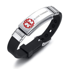 (BLOOD THINNER) New Engraving Medical Alert ID Women Men Kids Bracelet Black Silicone Wristband