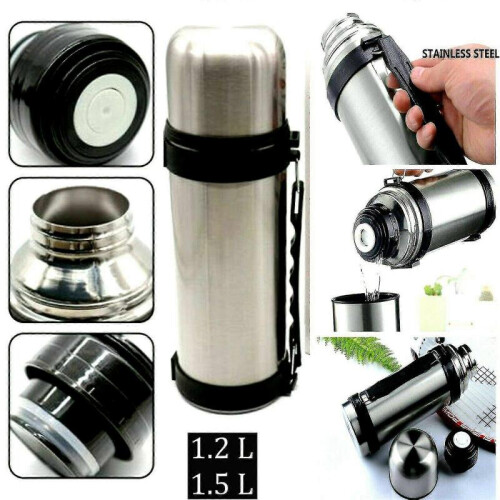 1.2l 1.5l Thermos Flask Stainless Steel Unbreakable Vacuum Handle Drinks Silver