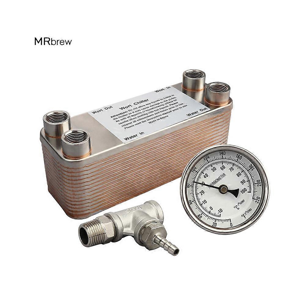 (As show, One size) Stainless Steel 30 Plate Wort Chiller with 3" Face Bi-metal Thermometer x 2" Probe,1/2"NPT Tee, 1/2" Hose Barb