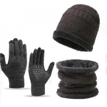 (hat+neck+gloves) Three Piece Set Of Black, Winter Hat Scarf Set with Soft And Warm Wool Fleece Knit Lining, Elastic Thick Wool Warm Neck for Men And
