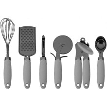 6 Pc Essentials Kitchen Stainless Steel Gadget Set Black Gun Metal with Soft Touch Handles for Cooking