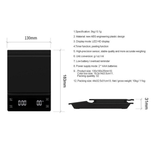 (130mmx183mmx31mm, Black) Coffee Scale with Timer Multifunction Weighing Scale for Home Baking Black 1